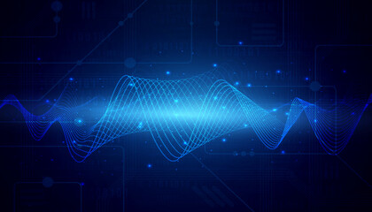 Obraz premium Digital technology data blue background, online cyber media algorithm, abstract wave futuristic circuit tech, innovation future, internet network connection, Ai big data, hi-tech illustration vector
