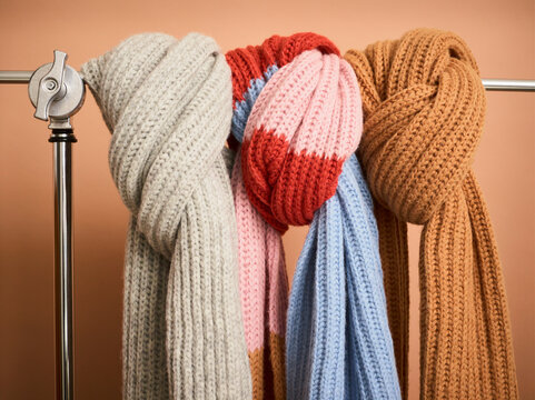 Knit scarves tied on display on a metal rack; Studio