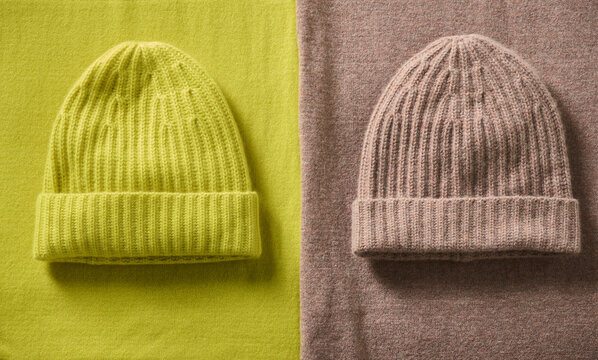 Knit hat and scarf sets on display; Studio