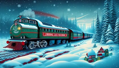Christmas train going through snowy Winter forest, Railway station, landscape 