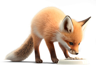 Obraz premium Cute fox cub eating pet food, 3D illustration on isolated background
