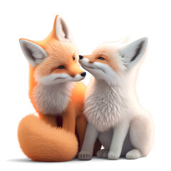 two cute fox couple having in love, 3D illustration on isolated background