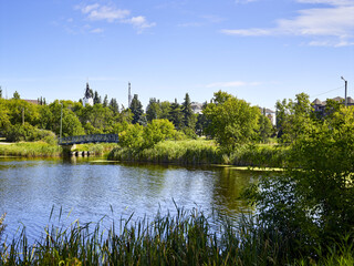 A tranquil Mirror Lake in the community of Camrose with a footbridge from a park and a white church tower seen through the treetops; Camrose, Alberta, Canada