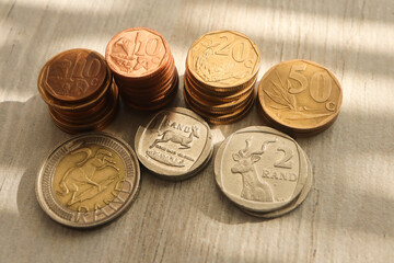 pile of coins. South African currency with coins of various denominations 