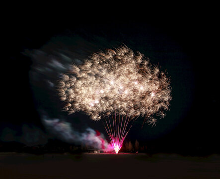 Bright fireworks in the dark sky in winter; Edmonton, Alberta, Canada
