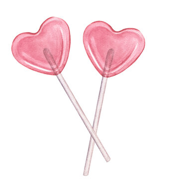 Two sweet sugar heart pink lollipop on a stick. Hand drawn watercolor illustration. Isolated on white background. Happy Valentine's Day
