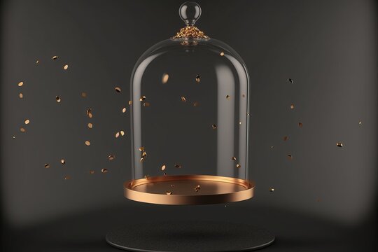 Podium Glass Dome On Black Background. Minimal Beauty Product Promotion Platform Mockup. Tube Showcase Stand Display With Gold Elements And Copy Space. Banner Trendy Illustration