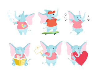 Cute Blue Elephant with Trunk Engaged in Different Activity Vector Set