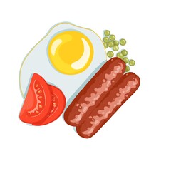 Fried eggs with sausages, tomatoes and sweet peas. Sticker with the look of food. - 556757765