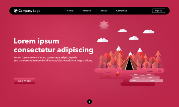 Landing page concept. Vector illustration in trendy and modern flat style. Beautiful forest scene. Modern color Viva Magenta. Tent, trees, mountains, forest.