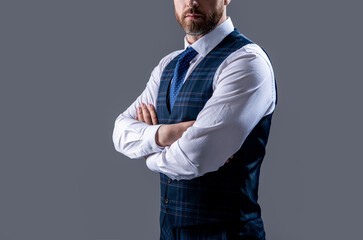 man in formalwear suit, copy space. man in formalwear isolated on grey background.