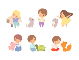 Cute Little Boy and Girl Interacting with Animal in Petting Zoo Vector Set