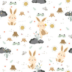 Cute bunny rabbit seamless pattern. Rocks, wood, leave elements. Kids collection. Design for kids fashion, textile, wrapping, wallpaper.