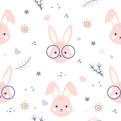 Cute rabbit seamless pattern. Cute character with sun and flowers. Baby cartoon vector in simple style. Vector illustration in pastel colors. Design for kids fashion, fabric, textile, wallpaper, wrapp