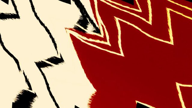 White and red patterns with black lines. Motion. Spilled bright paint in animation that twitch and spread in abstraction.
