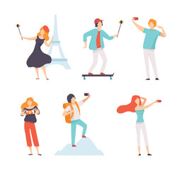 Young Man and Woman Taking Selfie with Smartphone Camera Vector Set