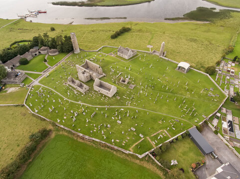 Aerial of the Clonmacnoise Monastic Site ruins along the River Shannon, County Offaly, Ireland