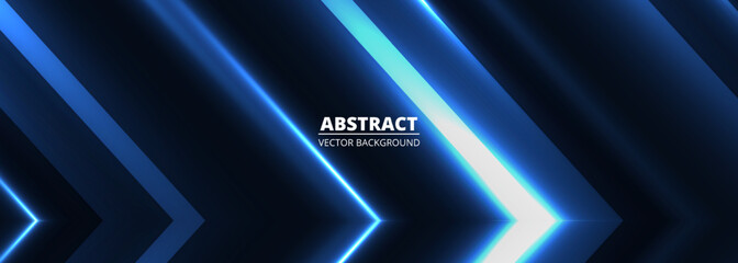 Vector dark blue abstract modern wide banner with light blue shiny arrows, glowing abstract horizontal design background. Vector illustration