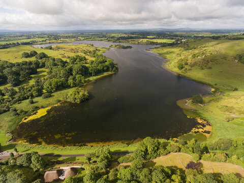 Aerial view of Lough Gur (Prehistoric site of the Lough Gur Stone Circle) with the surrounding countryside; County Limerick, Ireland