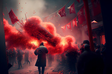 Chinese New Year Lunar firecrackers exploding on chinese celebrating street with people dancing. Generative AI. - obrazy, fototapety, plakaty