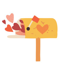 Cute retro-style letterbox full of hearts, post box with a lot of bursting-out hearts. Symbol of love, funny icon.