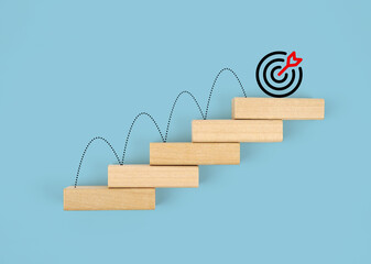 Goal Target, Action, Plan, Idea, Inspiration Concept, wooden block staircase with target icon....