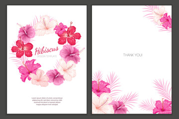 Hibiscus flowers design templates. Red, pink tropical flowers with palm leaves wreath. Best for wedding invitations, greeting card designs and flyers. Vector illustration.