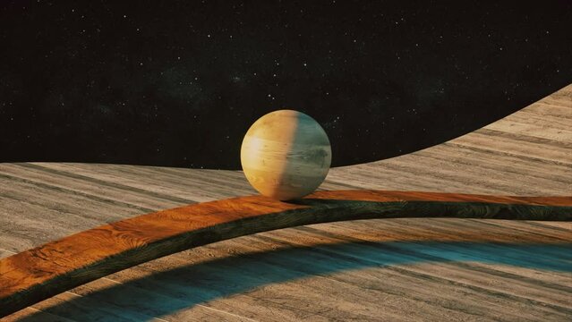 A wooden ball rolling along a wooden geometry on a cosmic background. Satisfying video. Smooth light, realistic dynamics. 3d animation of a seamless cycle