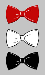 Butterfly tie set of 3 pieces: red, white, black. Flat style.