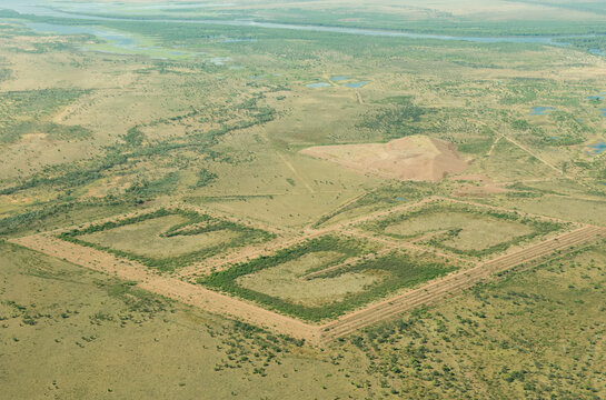 Aerial view of the abandoned Argyle diamond mine near  Purnululu National Park in the Kimberley Region of Western Australia; Western Australia, Australia