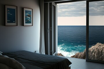 Fototapeta premium A bedroom overlooking the blue sea from an open window, generative ai