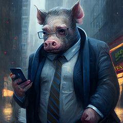 A pig in a business suit uses a smartphone. AI generated