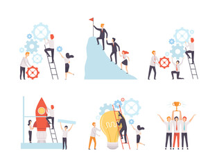 Office Colleague Working Together Spinning Gear and Climbing Mountain Top Vector Set © topvectors