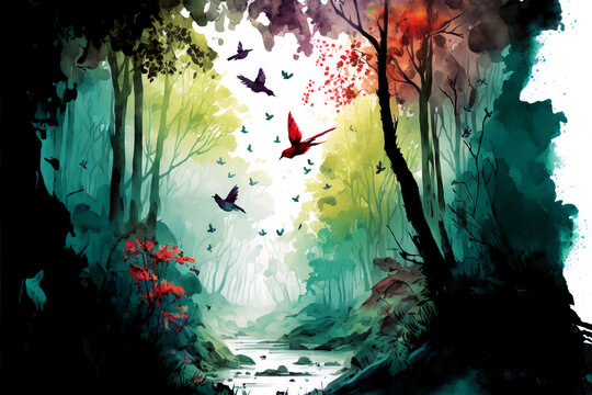 Digital Watercolor art painting, of jungle animal and trees and birds.
Generative ai