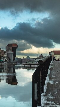 Vertical time lapse video of turning bridge in gdansk
