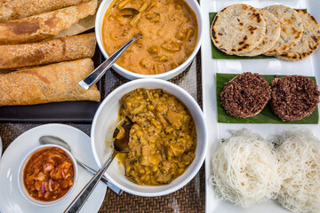 Typical Sri Lankan breakfast with string hoppers, Columbo, Sri Lanka; Wayikkal, Puttalam District, Sri Lanka