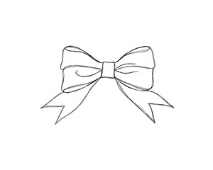 Beautiful festive bow with ribbons - line art illustration