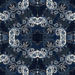 Retro indigo floral bandana 2 tone patterned fabric background. Seamless boho denim blue design. Fashion masculine wall paper. 