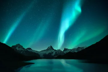 Poster Aurora borealis. Northern lights in winter mountains. Sky with polar lights and stars. Stars reflection in lake water © Ivan Kmit