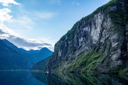 Spectacular views sailing through the 15 km long Geirangerfjord in Sunnmore; Geirangerfjord, Stranda, Norway