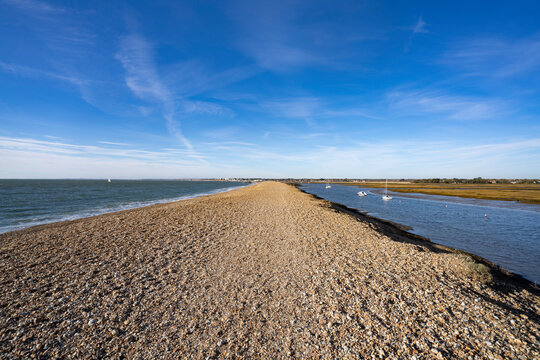 Shingle spit leading to Henry Vlll's Hurst Castle, Hampshire, England, UK; Lymington, Hampshire, England, United Kingdom
