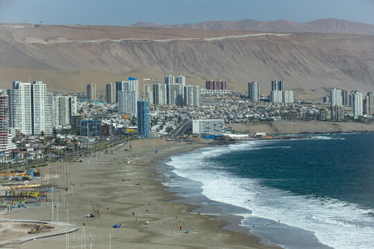 Coastline and cityscape of Iquique, Chile along the Pacific coast; Iquique, Chile