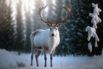 white noble deer with big horns in a magical winter landscape