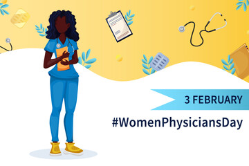 National Day of Women Doctors. Female doctor in uniform. phonenodoscope Template for banner, advertisement, postcard. medical equipment. vector illustration. Strong woman.