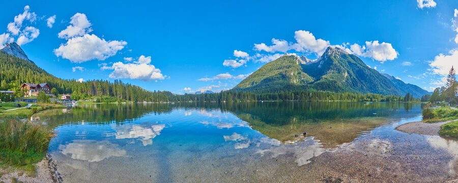 The clear waters of Lake Hintersee in the Bavarian Alps; Berchtesgadener Land, Ramsau, Bavaria, Germany