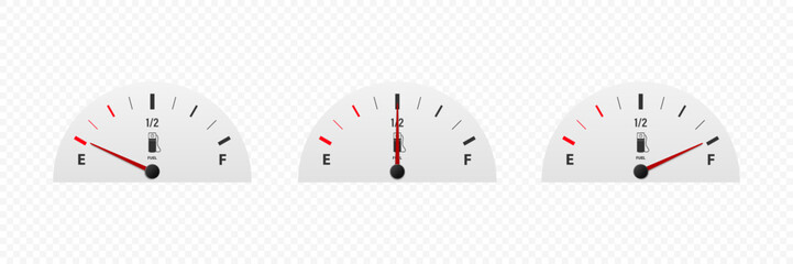 Vector 3d Realistic White Gas Fuel Tank Gauge, Oil Level Bar Set Isolated. Full and Empty. Display Board, Fuel Gauge Panel, Car Dashboard Details. Fuel Indicator, Gas Meter, Sensor. Design Template