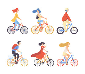 People riding bicycles set. Side view of cycling men and women in casual clothes. Eco friendly transport, healthy lifestyle concept flat vector illustration