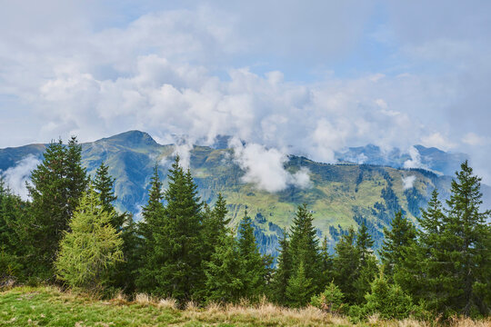 View from Mount Sch&uuml;ttenh&ouml;he with conifer trees and clouds in the mountains above Zell am See, Kaprun; Salzburg State, Austria