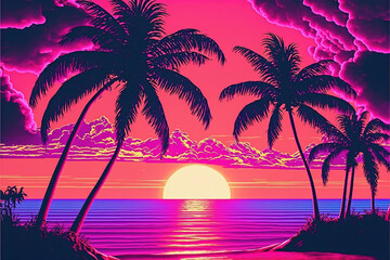 Plakat Vaporwave synthwave beach landscape with palm trees illustration, Generative AI 