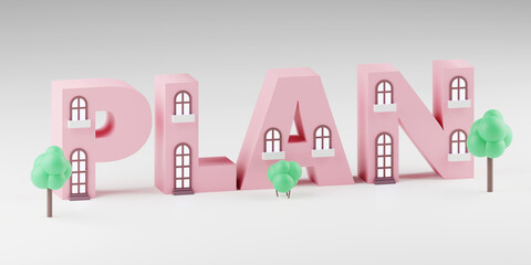 Red cubes inscription plan on grey podium, soft light, smooth background, 3d rendering